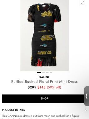 Ganni Black Floral Ruched Ruffled Mini Dress with Yellow & Red Accents